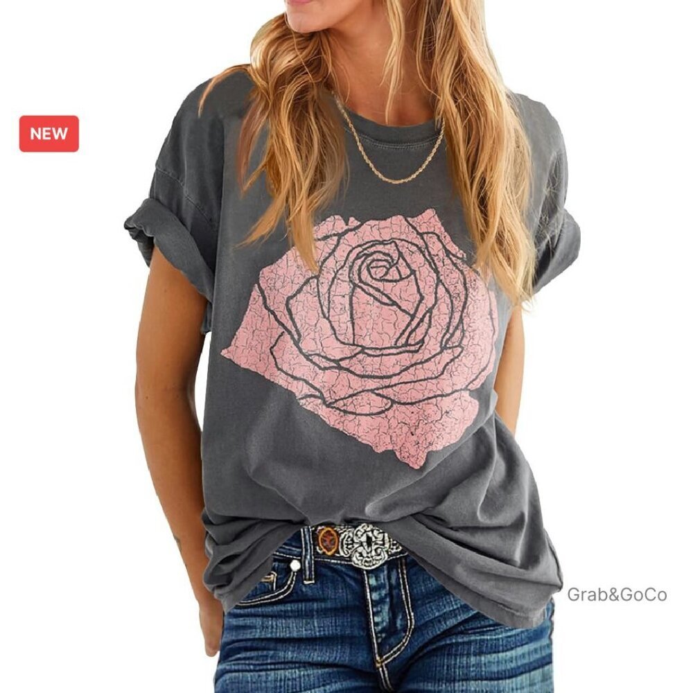 Vintage Rose Graphic Tee Loose Fit Boyfriend Style Summer Casual Top